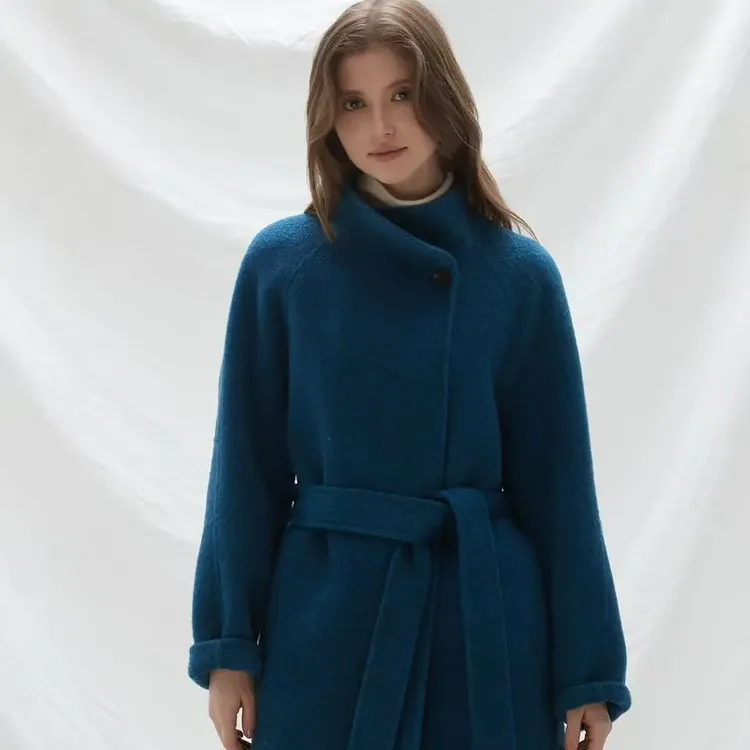 秋冬新款立领短款双面羊绒大衣系带显瘦气质赫本风呢外套中长款