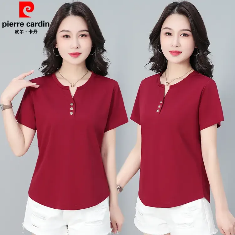 皮尔卡丹v领大t恤女宽松t恤女夏季时尚中年妈妈减龄休闲百搭上衣