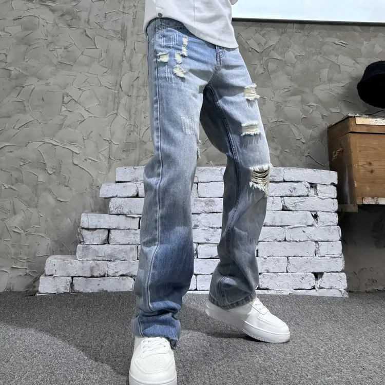 高街破洞蓝色个性男士直筒牛仔裤无弹百搭中腰显腿长潮牌水洗