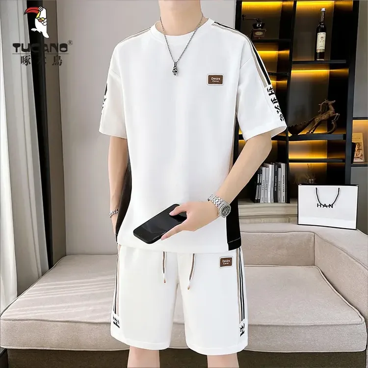 啄木鸟条纹短袖T恤潮流白色半袖男新款短袖短裤套装男士运动套装