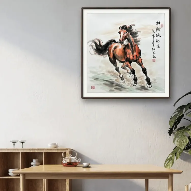 彩色写意国画马作品四尺斗方带托底书画收藏佳作