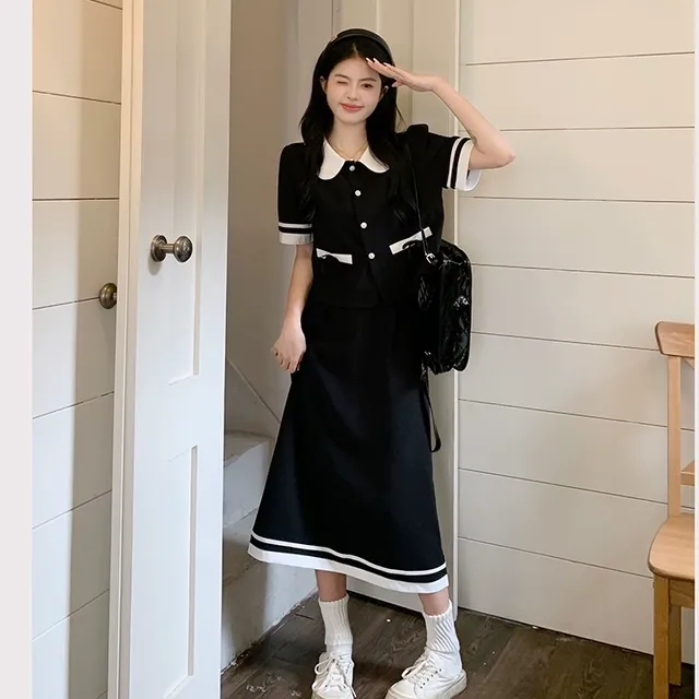 胖妹妹减龄网红小香风套装女夏季新款法式娃娃领短款上衣两件套潮