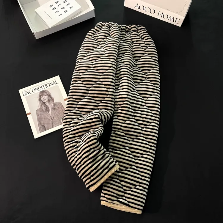 珊瑚绒夹棉睡裤女秋冬季长裤三层加厚暖暖裤可外穿睡衣条纹家居服