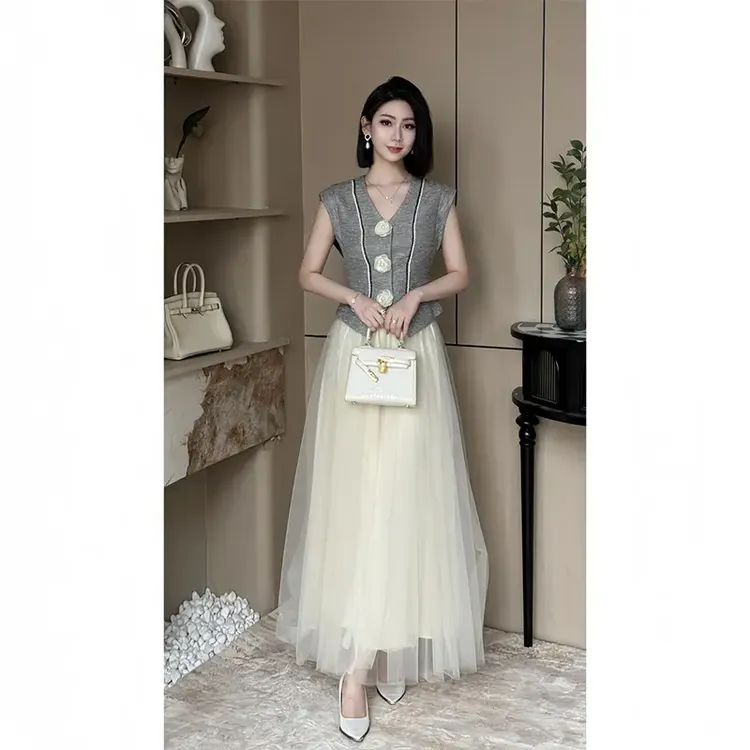 夏装套装2025新款爆款洋气优雅网纱裙轻奢高级感女装裙两件套