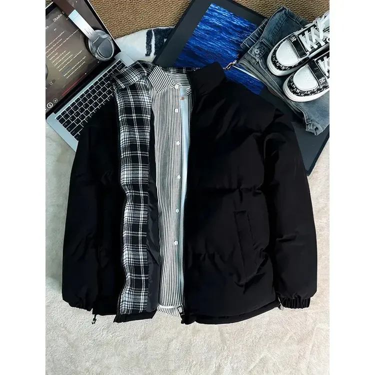 cleanfit黑色格子拼接短款棉服男款冬季立领面包服高级感棉衣外套