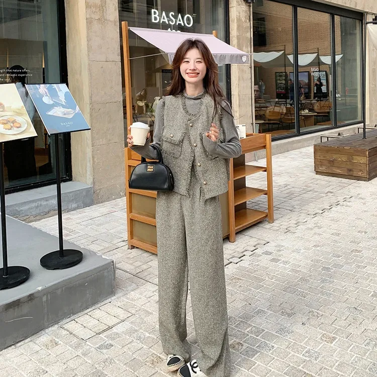 小个子韩系带钻马甲洋气套装女2025春季三件套感穿搭盐系轻熟风