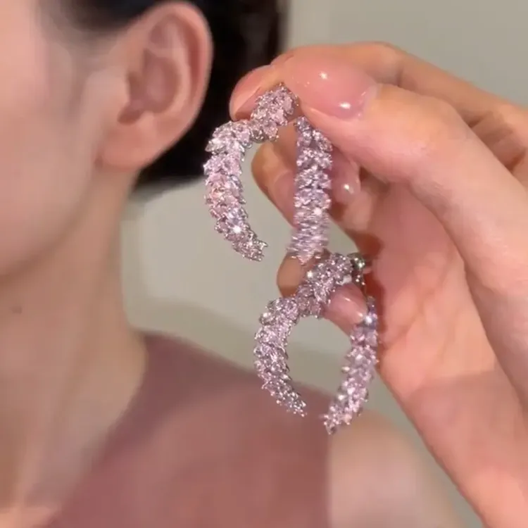 老凮凰9999纯银耳饰小香风粉色麦穗爱心耳环满钻耳饰