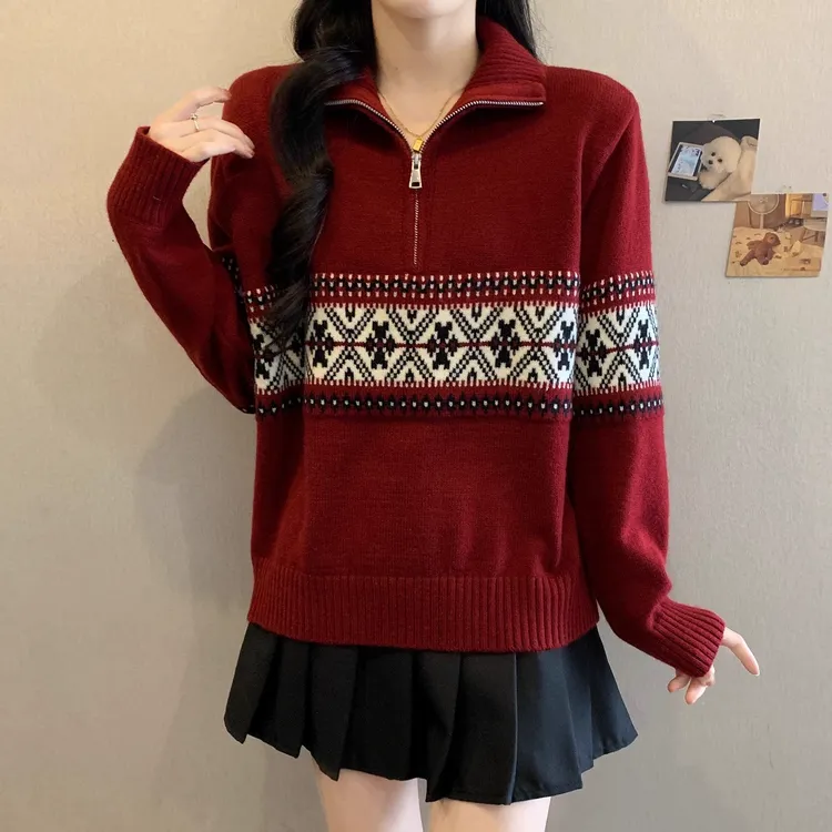【新年穿搭】微胖妹妹大码半拉链链毛衣女秋冬提花翻领针织衫上衣潮