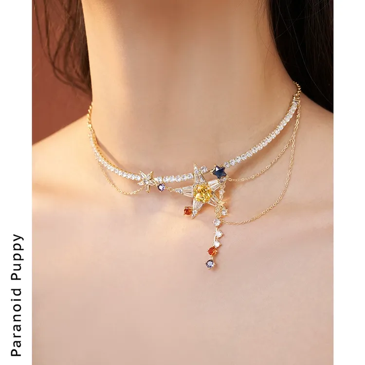 铜合金合成锆石项链 限定！彩色星星金属链条流苏项链女小众choker