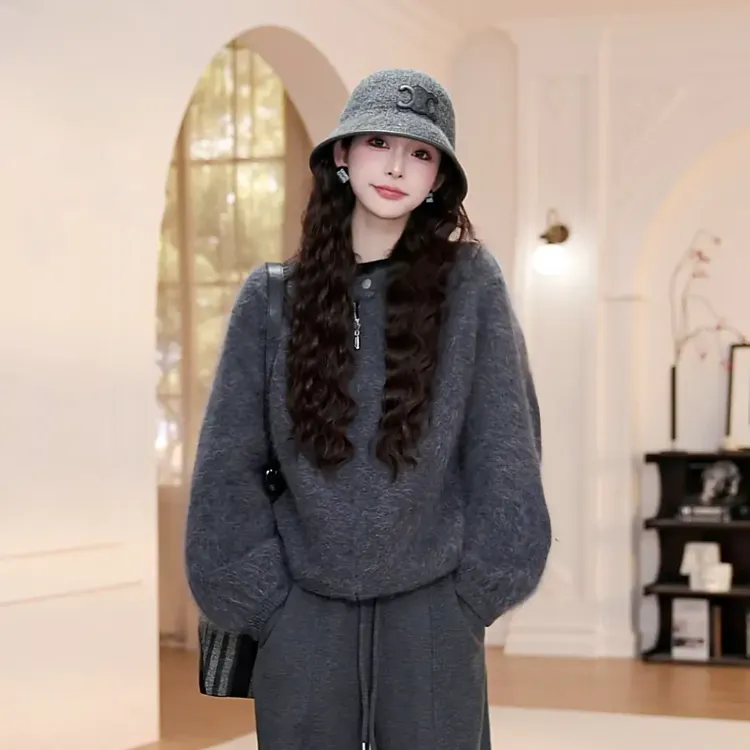 秋冬季新款气质休闲韩版慵懒风纯色长袖针织衫女毛衣拉链开衫外套