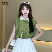 慕兔法式小清新绿色衬衫女夏季2024新款设计感小众坎肩短袖上衣