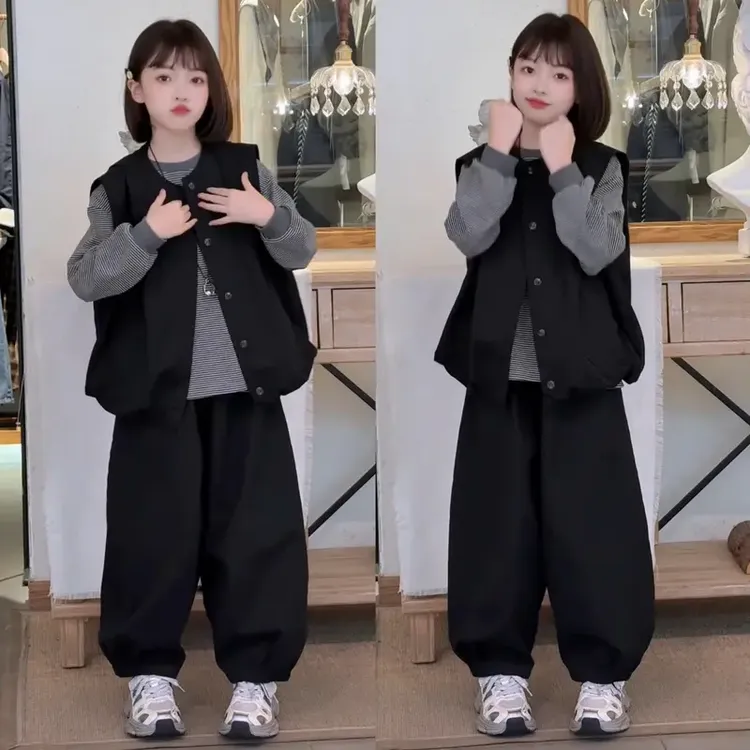 女童秋季新款简约韩系时尚条纹打底叠穿马休闲宽松弯刀三件套