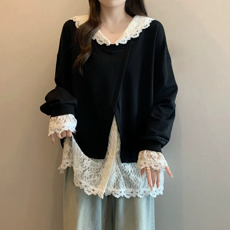 微胖妹妹大码2025春季新款洋气蕾丝拼接长袖卫衣女减龄别致上衣潮
