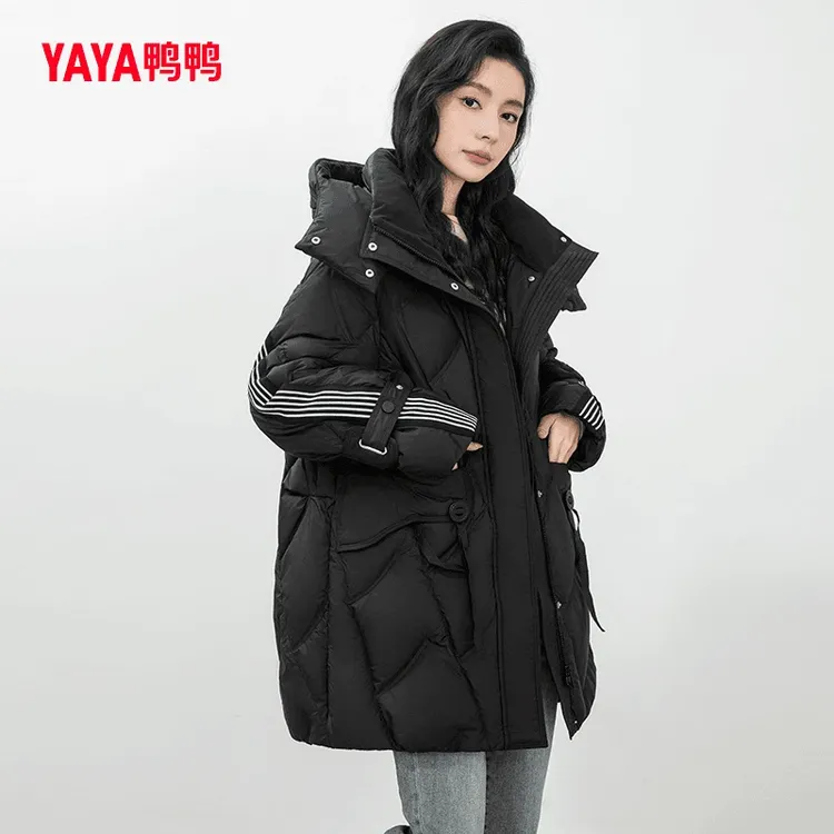YAYA/鸭鸭「新国标90绒」女中长款冬季时尚潮流百搭立领羽绒服外套