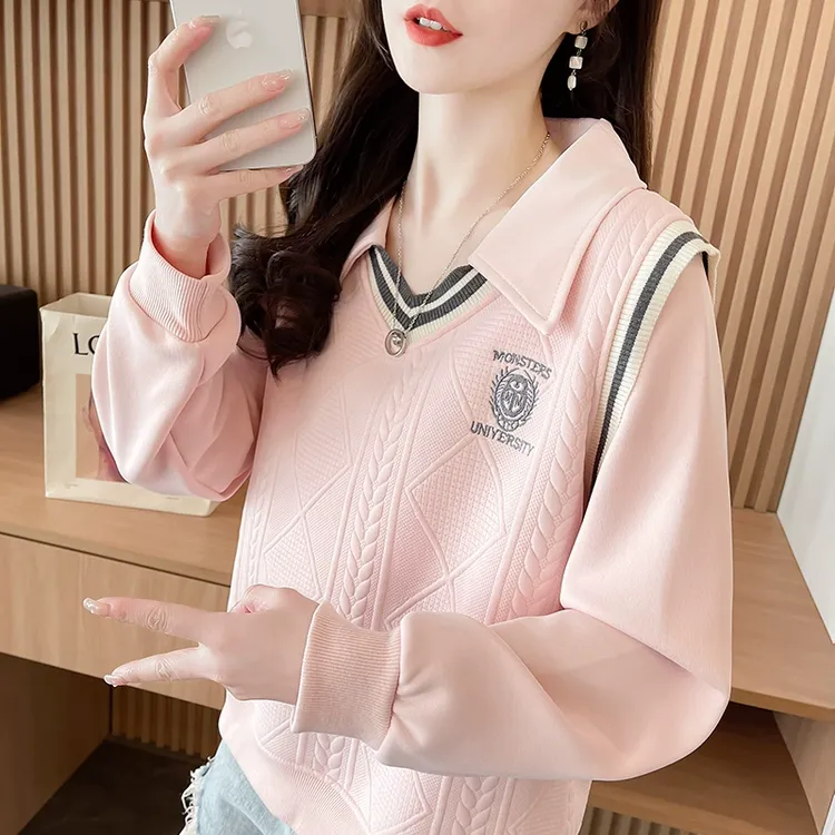 翻领polo衫卫衣女2025新款春秋季宽松薄款学生百搭假两件上衣外套