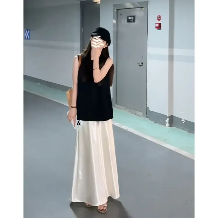 A463+A464法式高级感镂空圆领无袖上衣气质高腰显瘦A字半身裙