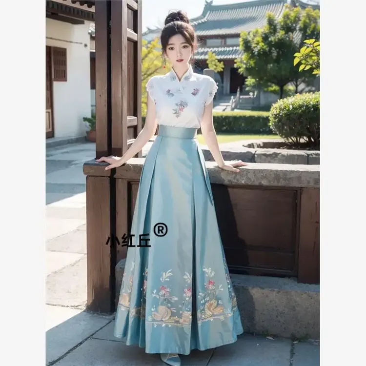 显瘦汉服新中式国风仙气上班穿马面裙套装日常清新绣花女2025夏季