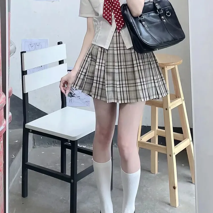 原创正版格子日系JK制服夏季学院风百褶裙衬衫套装
