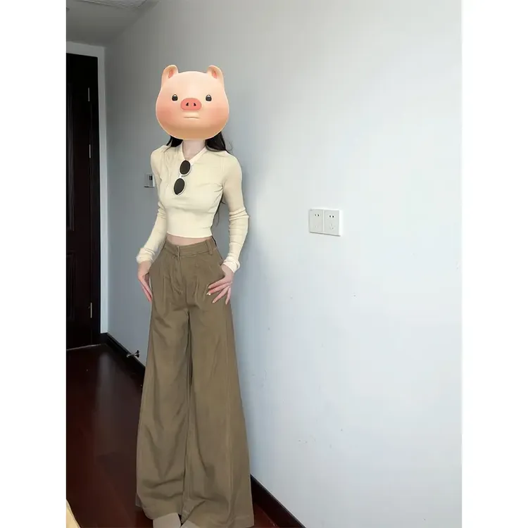 黄色针织短款上衣露腰长袖打底衫高腰阔腿牛仔裤宽松垂感直筒裤子