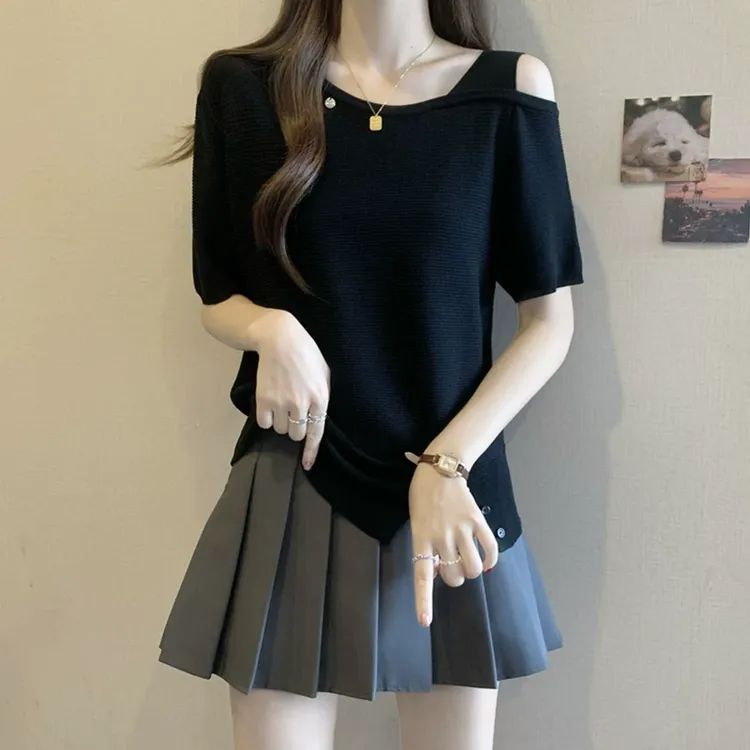 大码设计感露肩冰丝针织衫女夏季短袖T恤微胖mm显瘦遮肉别致上衣