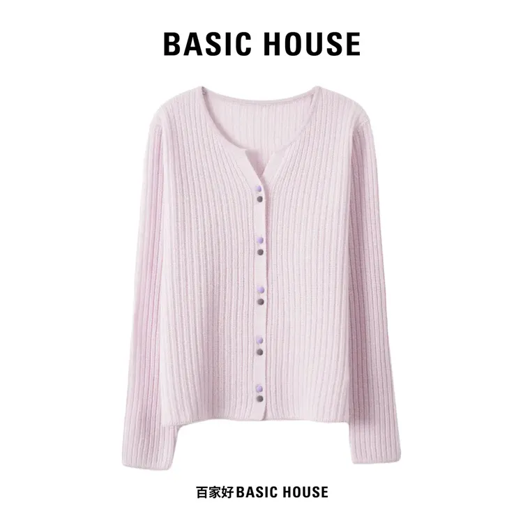 Basic House/百家好V领针织衫女2025秋季花纱纹理感开衫上衣女