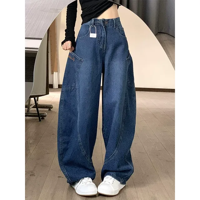 大码复古美式牛仔裤女春秋胖mm梨形身材宽松高腰显瘦直筒阔腿裤子