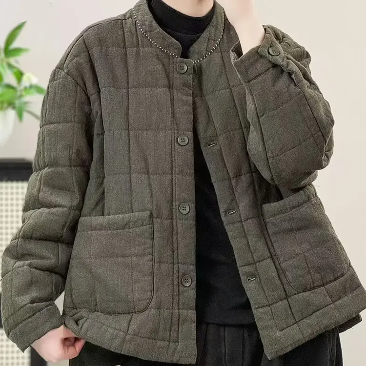 【麻述】国风复古盘扣全亚麻夹棉加厚保暖女士冬季外套