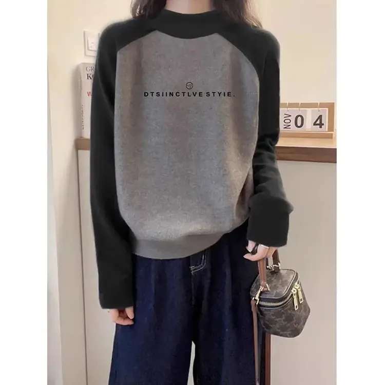 高级感插肩新款半高领德绒长袖t恤女时尚洋气磨毛保暖加厚打底衫