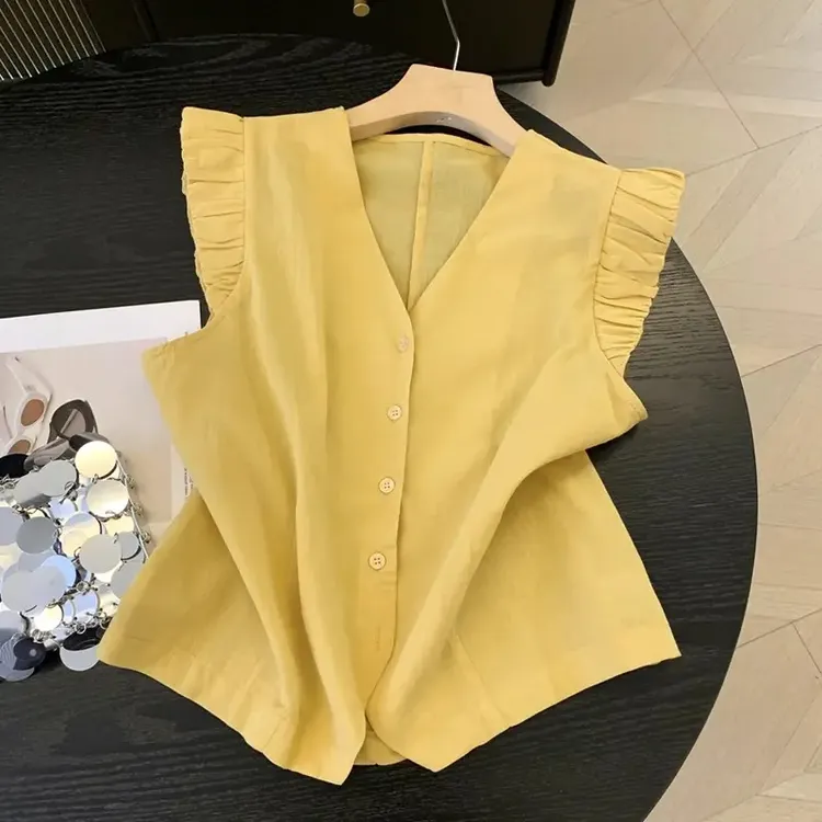 季念无袖衬衫女上衣飞飞袖宽松韩系衬衫女夏季韩版衬衣法式小衫女