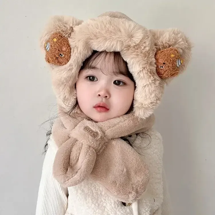 儿童冬季帽子围脖一体帽两件套婴儿可爱毛绒男女童宝宝保暖护耳厚