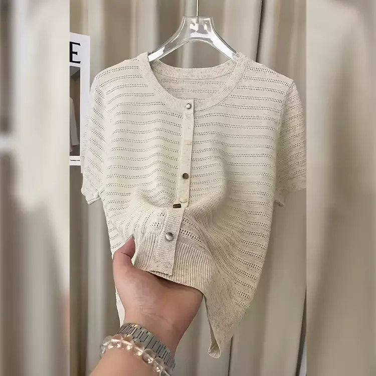 燕麦色圆领正肩薄款针织镂空开衫短袖T恤法式高级感上衣女夏新款