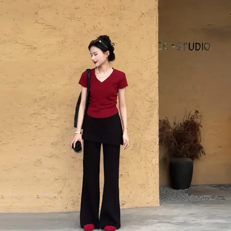 女装夏季新款红色修身短袖v领时尚上衣t恤显瘦气质洋气休闲裤套装