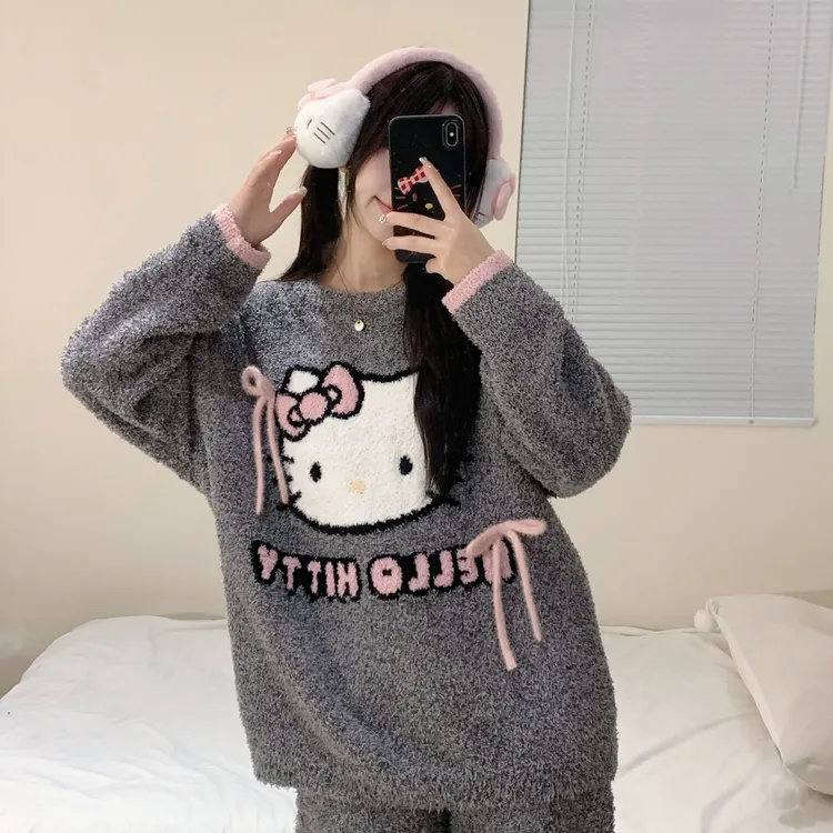 秋冬新款Kitty猫半边绒甜美风格保暖睡衣卡通家居服套装加绒加厚
