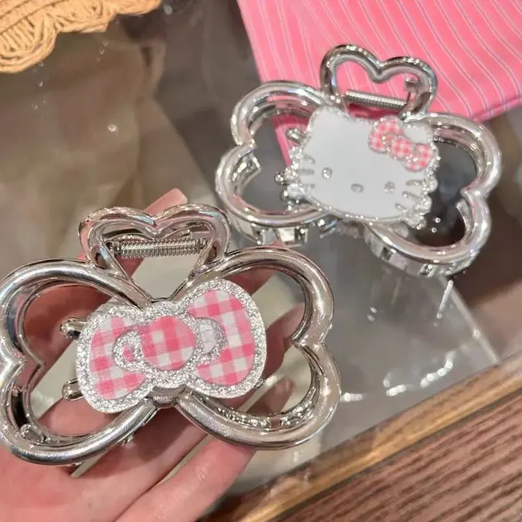 闪闪KT猫!少女AB猫咪抓夹高级感银色蝴蝶结鲨鱼夹后脑勺盘发夹子