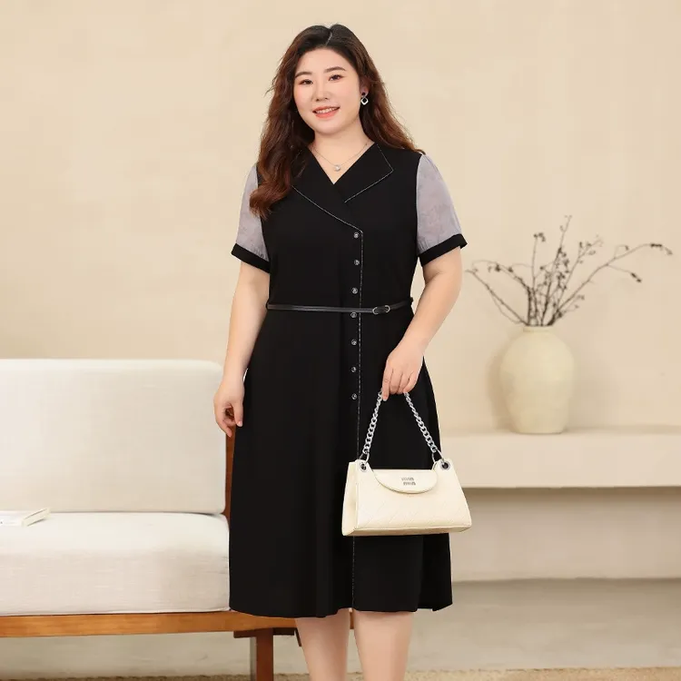 贵夫人夏季连衣裙新款减龄胖mm洋气气质裙子翻领休闲连身裙