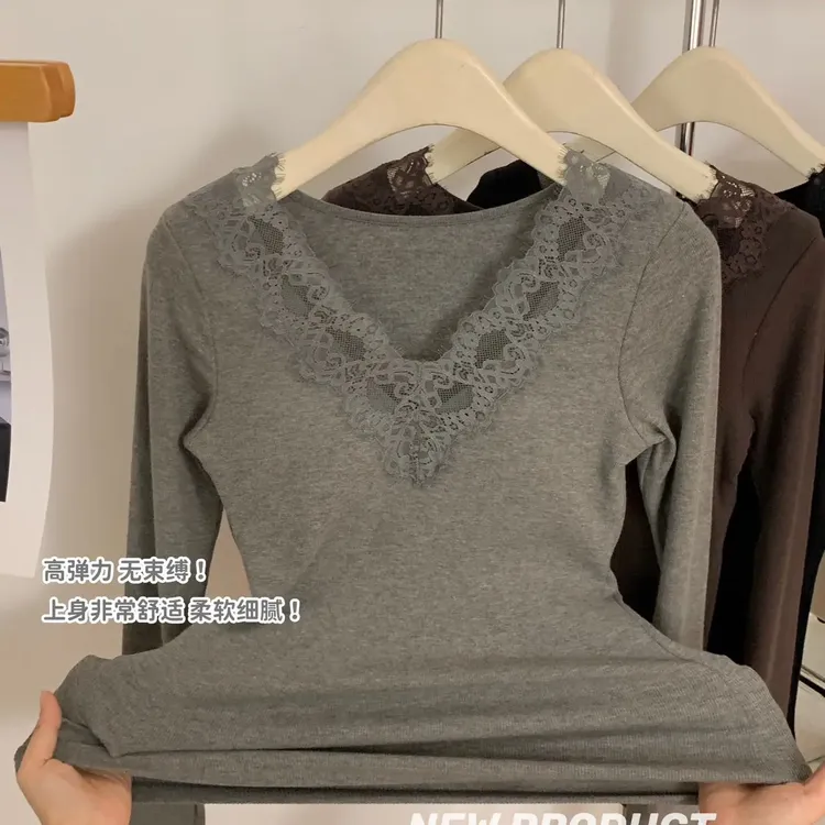 万络媞6627一体式时尚蕾丝单衣暖氧珍珠绒螺纹保暖内衣