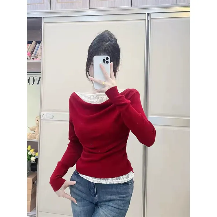圣诞红色一字肩蕾丝内搭拼接上衣秋冬款修身磨毛保暖长袖打底衫女