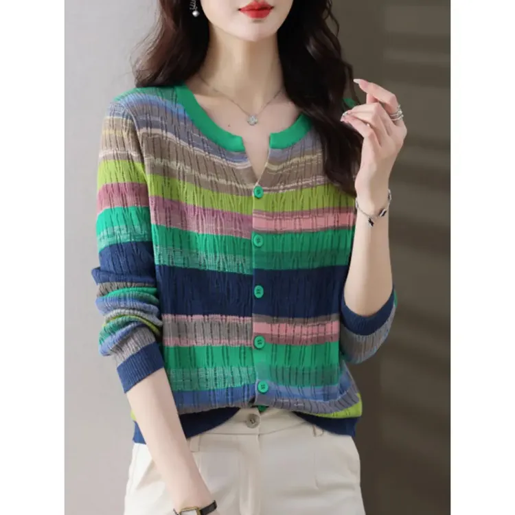 年春季新款女装时尚条纹针织开衫女长袖针织衫