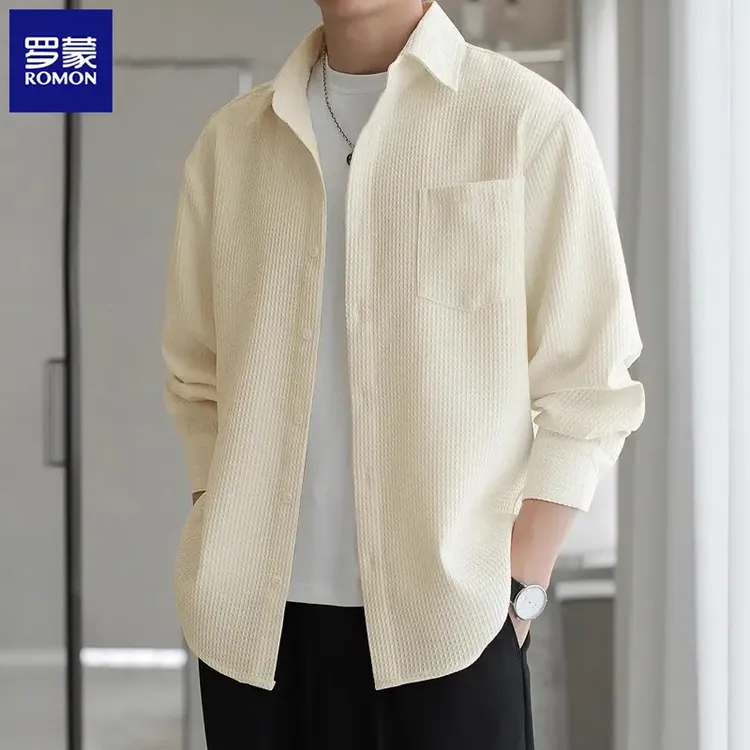 罗蒙秋季长袖衬衫男装潮流衬衣外套休闲百搭华夫格工装秋季华夫格