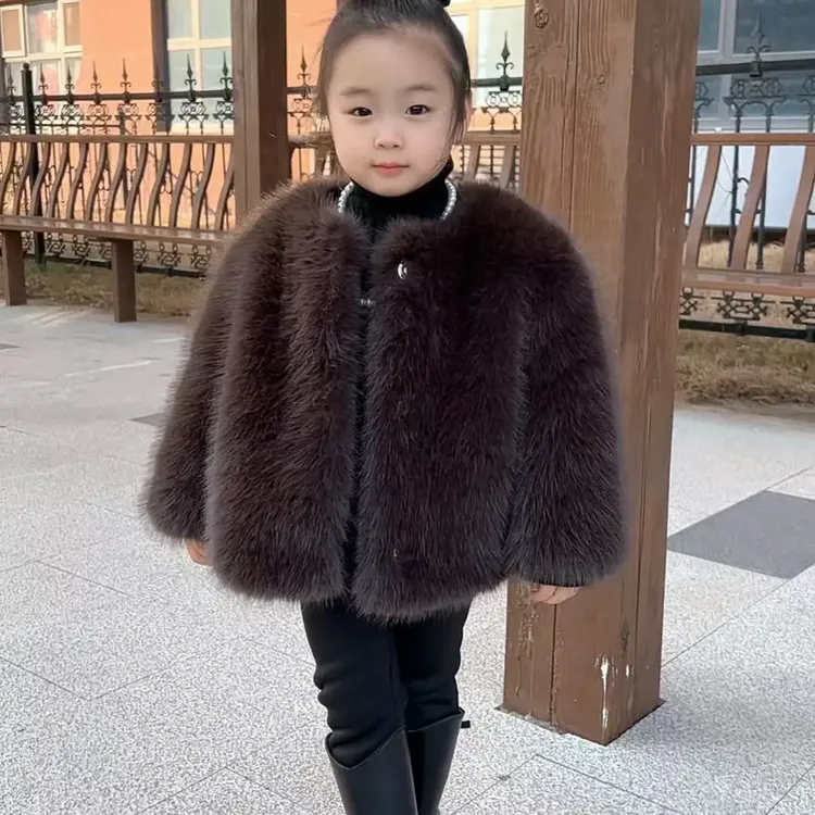 女童皮毛一体毛毛外套加绒加厚环保仿狐狸毛中长款大衣