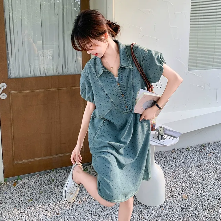 条形衬衫碎花无气质围巾领后妈裙吊带长裙夏天时尚波点牛仔连衣裙