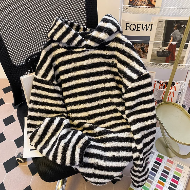韩系慵懒风黑白条纹连帽卫衣男款春秋冬加绒加厚cleanfit外套上衣