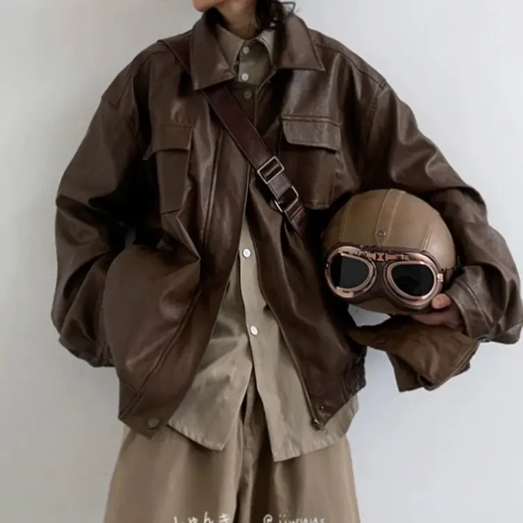 春秋美拉德复古做旧PU机车皮衣男女日系痞帅宽松中性棕皮夹克外套