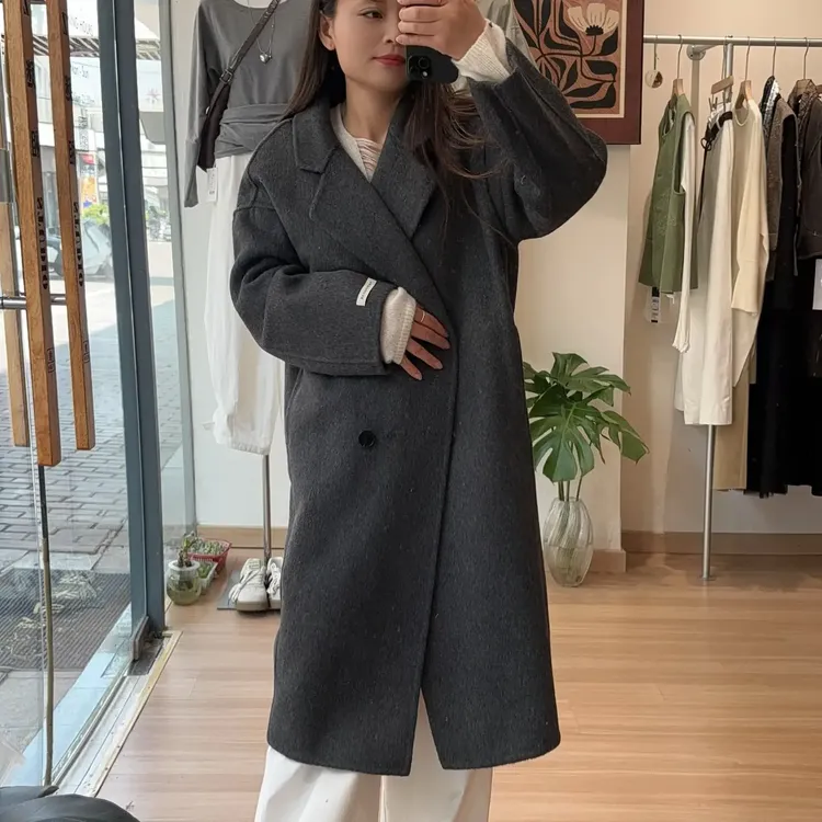 秋冬中长款双面尼羊毛大衣女宽松女款小个子西装领百搭外套呢子
