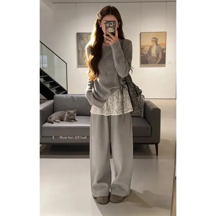 2026超火秋冬套装设计感拼接蕾丝假两件针织衫休闲高腰阔腿两件套