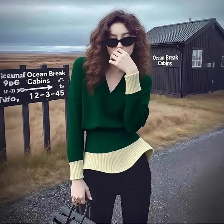 高级感超好看气质撞色软糯毛衣女装2025秋冬新款掐腰漂亮针织上衣
