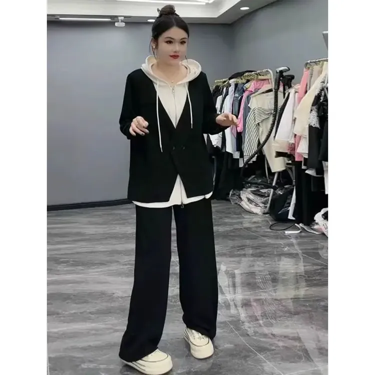 特大码300斤胖mm春秋新款假两件卫衣套装女松紧腰阔腿长裤两件套2