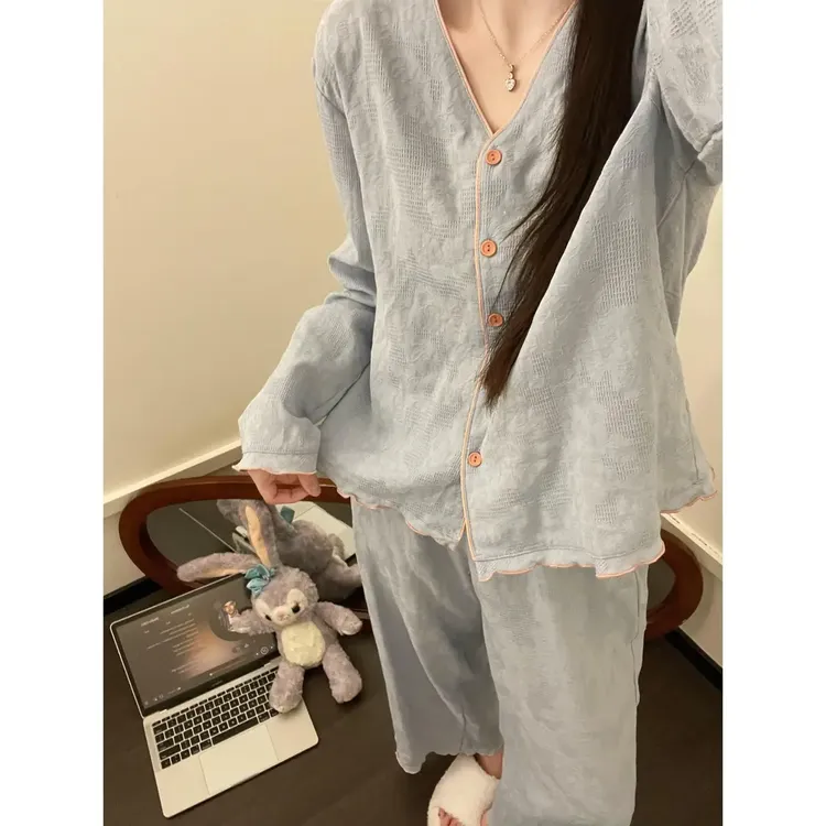 纯棉韩版温柔甜美简约高级感睡衣女春秋新款长裤家居服套装可外穿