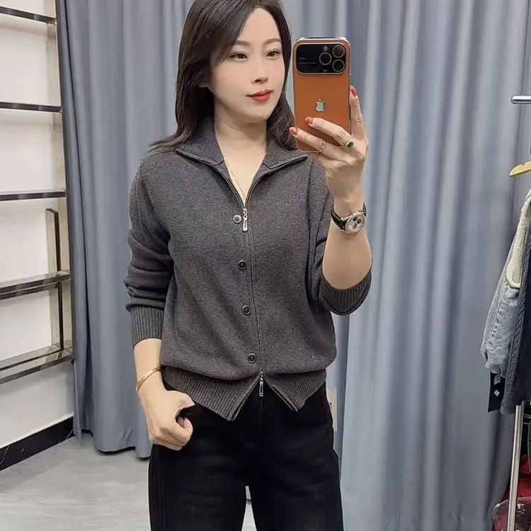 冬款女装立领百搭宽松针织开衫毛衣外套