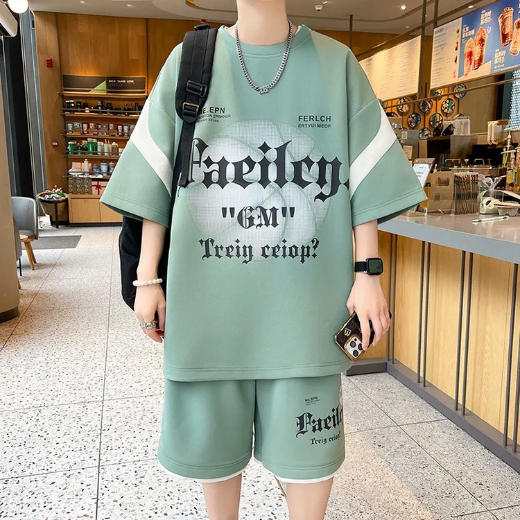 青少年夏季短袖t恤套装男生潮流帅气半袖体恤休闲运动篮球服一套